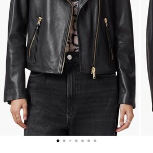 All Saints Black Leather Jacket with Gold Accents
